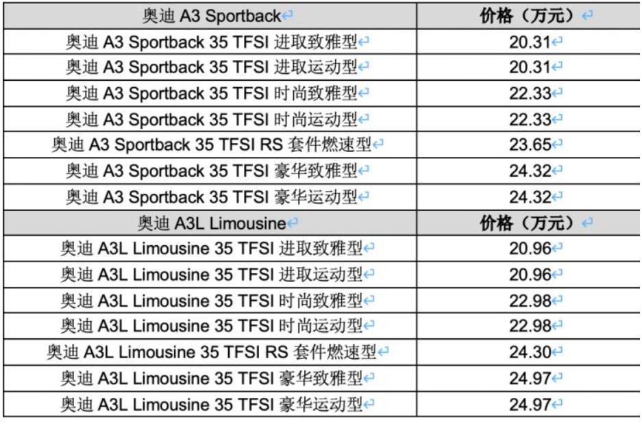 新款奥迪A3上市 引入RS套件燃速型  20.31万起
